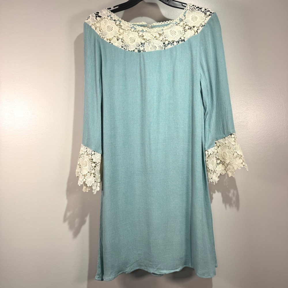 Altar'd State Crochet Trim Bell Sleeve Shift Dress Blue Boho Festival Seafoam LG
